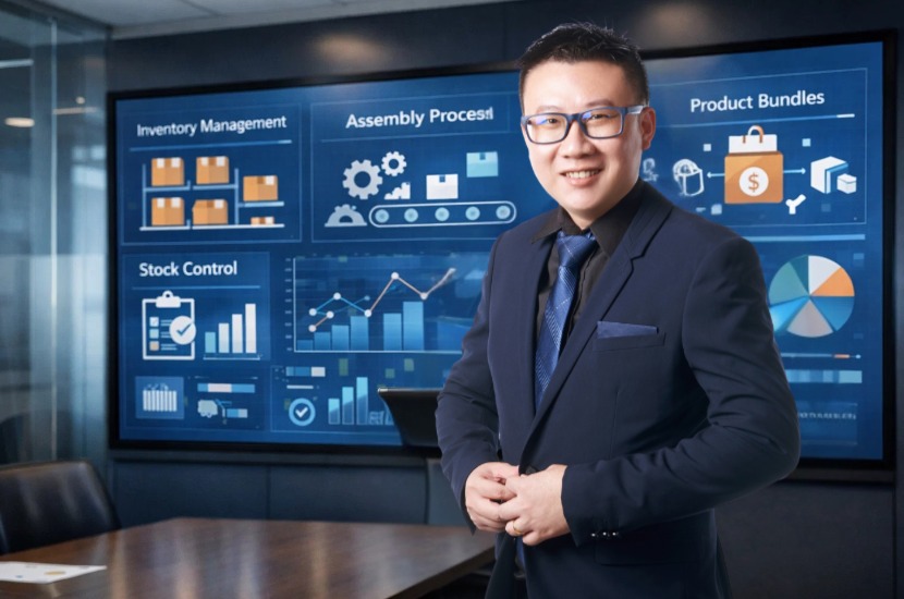 Business professional with assembly and inventory data