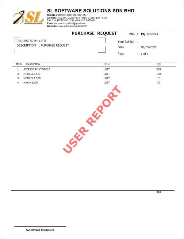 AutoCount Purchase Request | Report Template