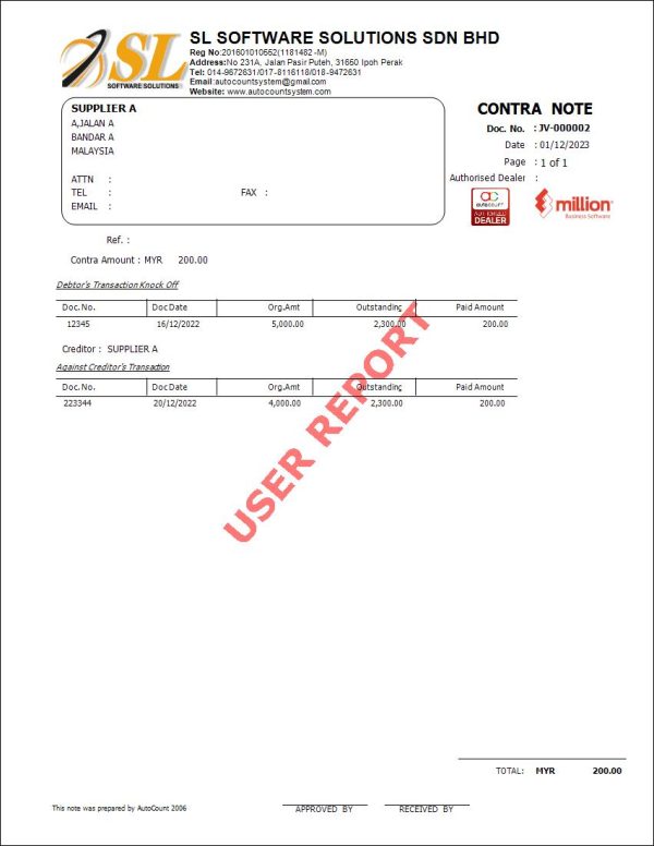 AutoCount Contra Note | AutoCount Software