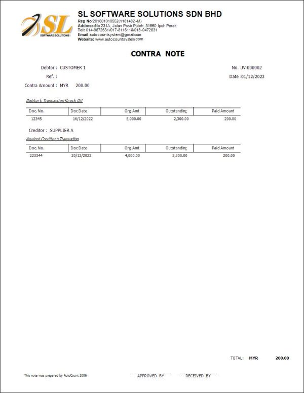 AutoCount Contra Note | AutoCount Software