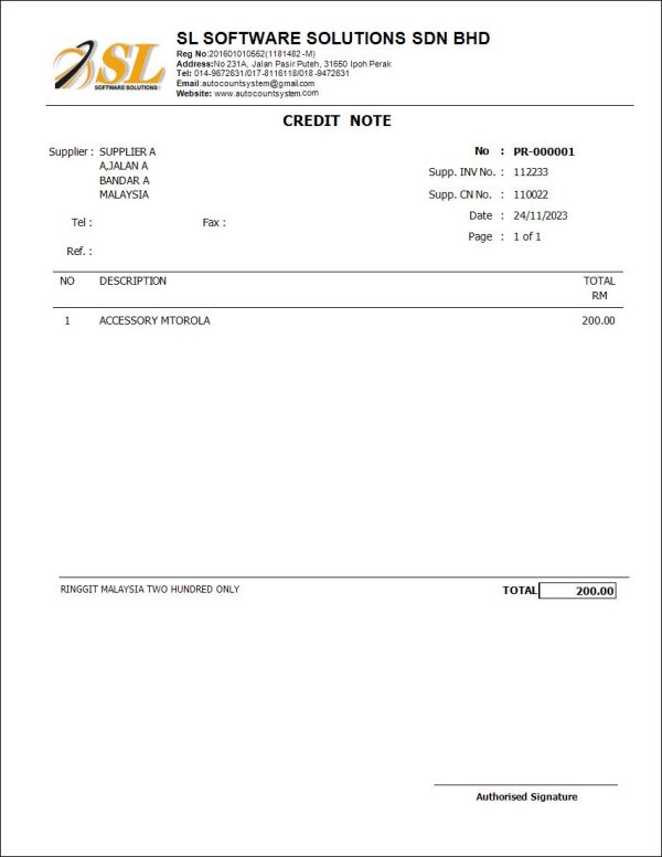 Credit Note Docket AutoCount Credit Note | Report Template