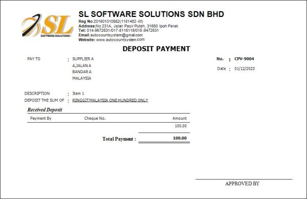 Autocount A/P Deposit Note | Report Template