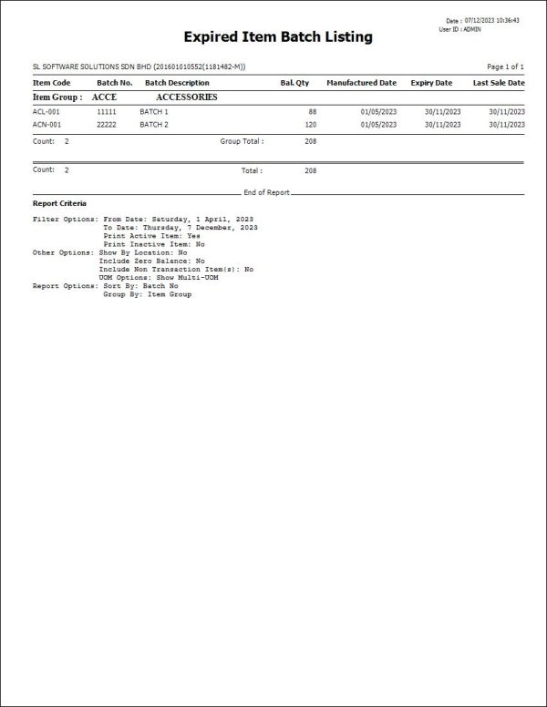 AutoCount Expired Item Batch Listing | Report Template