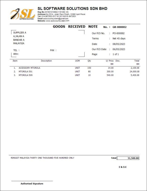 AutoCount Goods Received Note | Report Template
