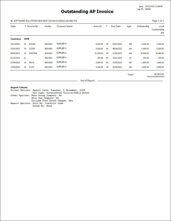 AutoCount Outstanding A/P Invoice | Report Template