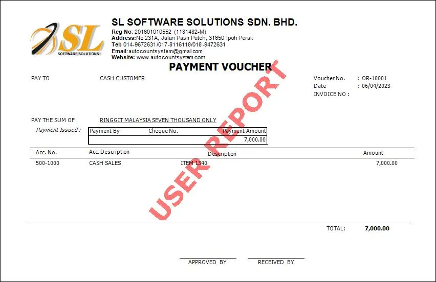 AutoCount Payment Voucher half page with invoice number
