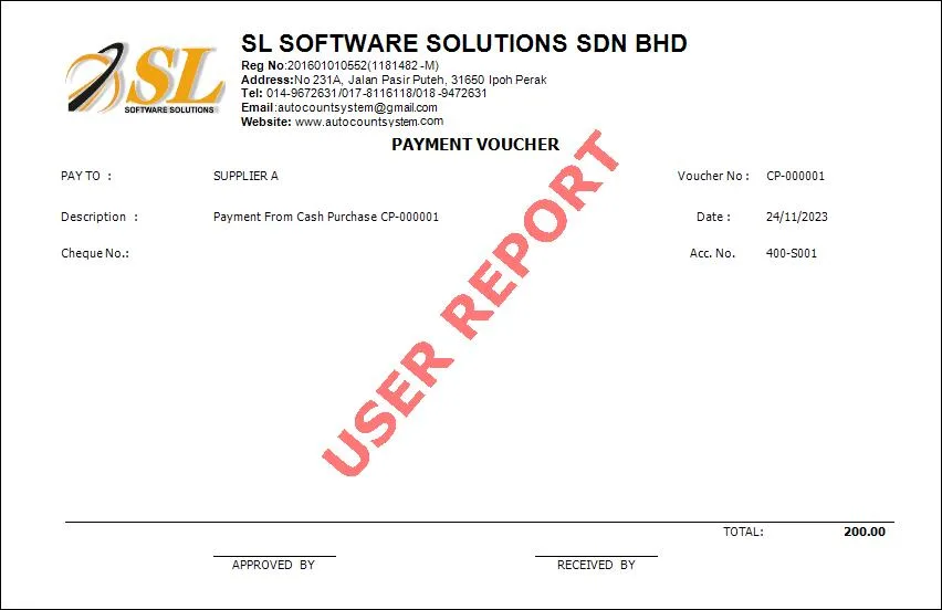 AutoCount Payment Voucher User report
