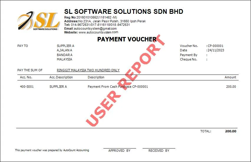AutoCount Payment Voucher half page with account description
