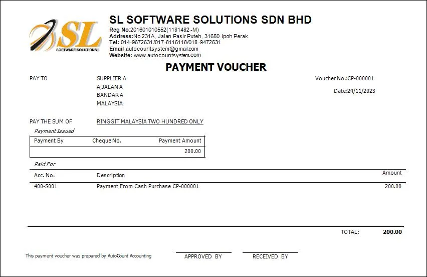 AutoCount Payment Voucher User 2 column