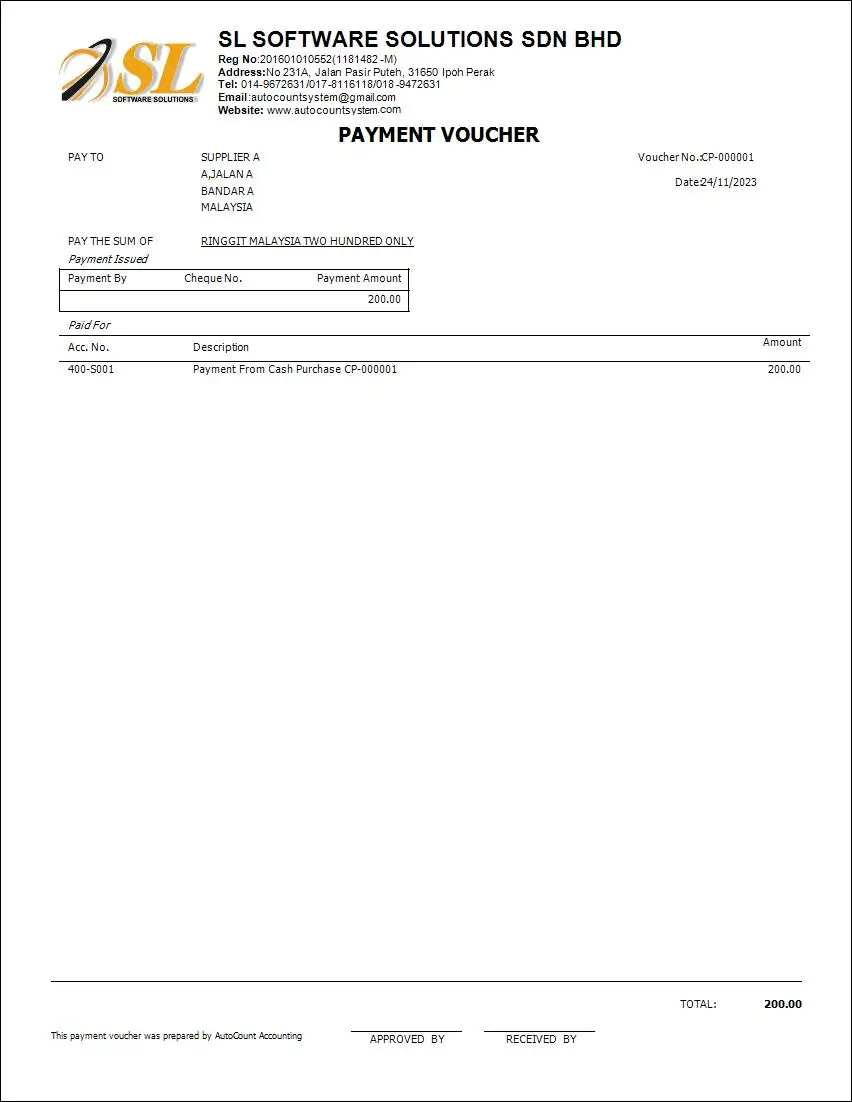 AutoCount Payment Voucher letter
