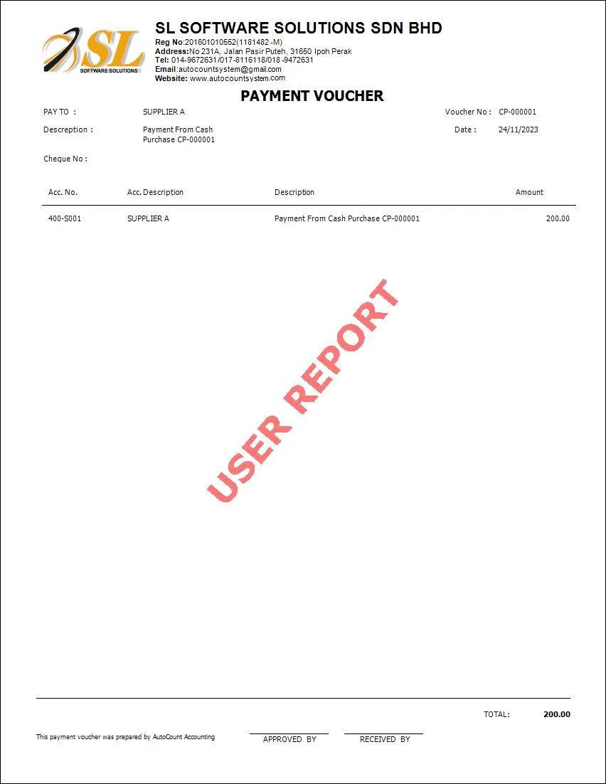 AutoCount Payment Voucher letter with acc description