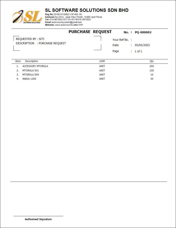 AutoCount Purchase Request | Report Template