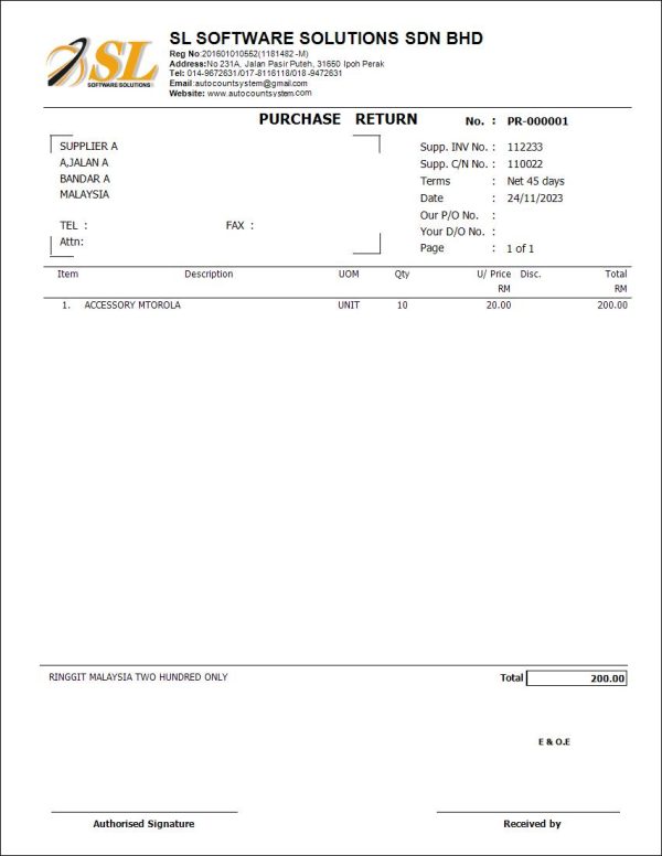 AutoCount Purchase Return | Report Template