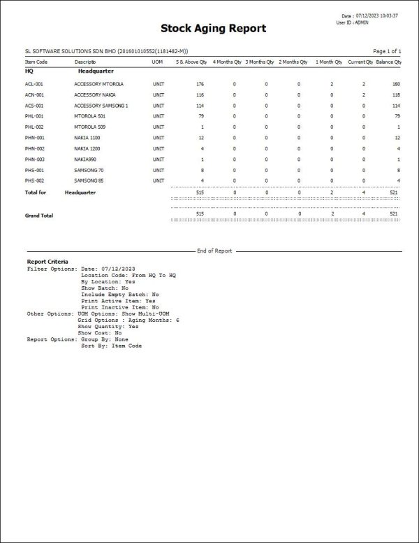 AutoCount Stock Aging Report | Report Template