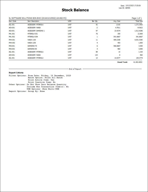 Autocount Stock Balance Report | AutoCount Software