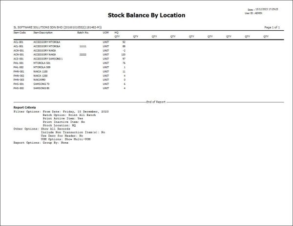 AutoCount Stock Balance by Location | Report Template