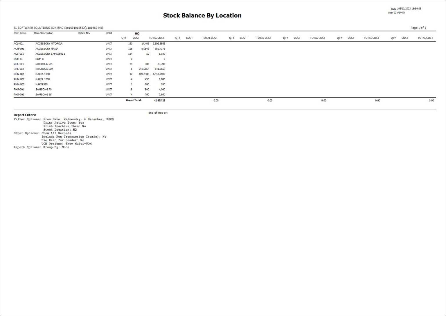 AutoCount Stock Balance by Location | Report Template