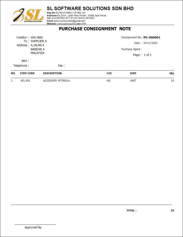 AutoCount Purchase Consignment | Report Template
