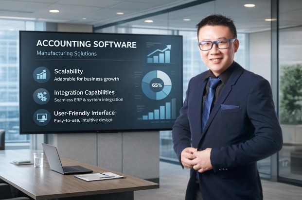 Professional with accounting software for manufacturing.