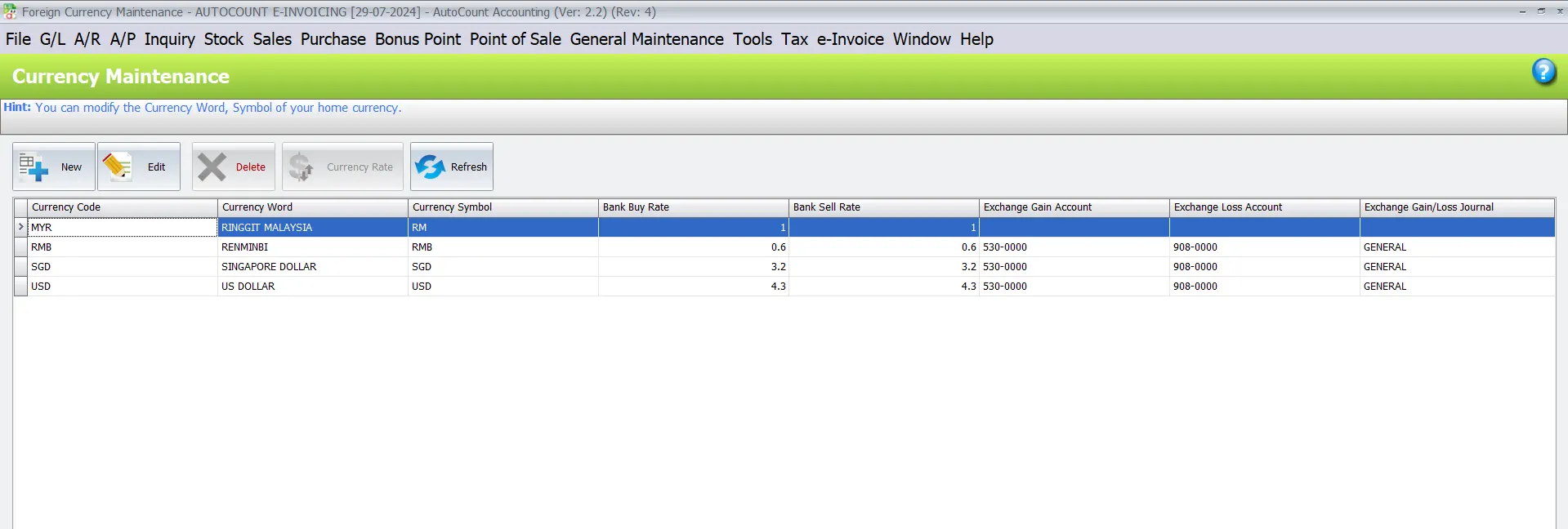 AutoCount E-invoice Guide: Update currency code 3