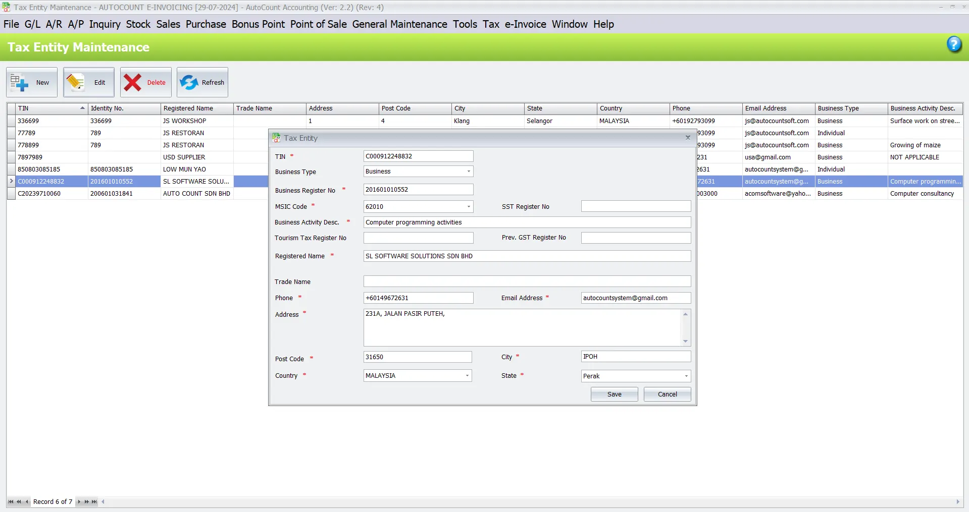 AutoCount E-invoice Guide: Tax entity maintainance