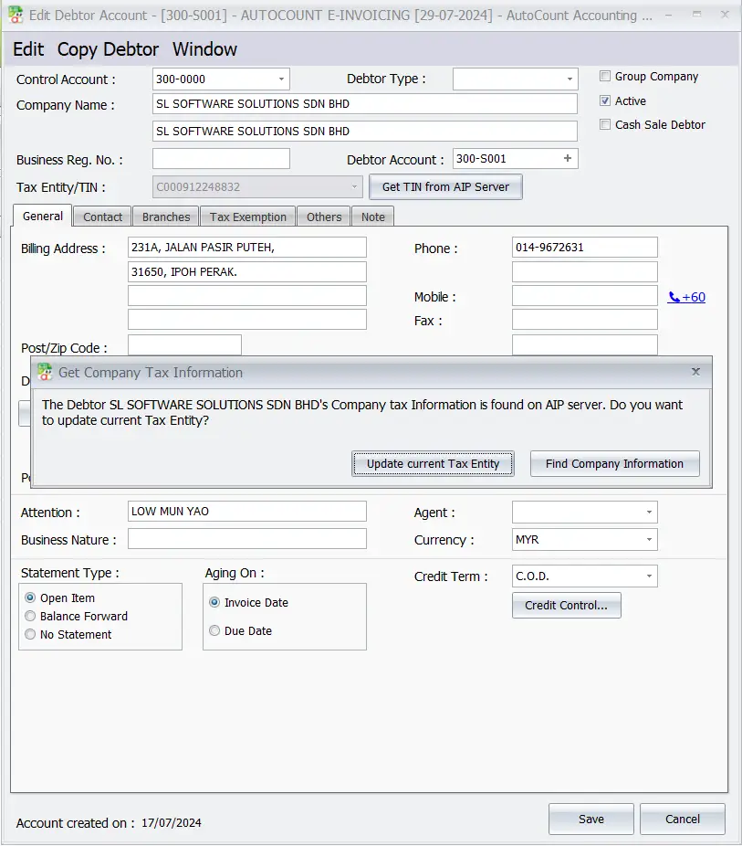 AutoCount E-invoice Guide: Get TIN AIP server