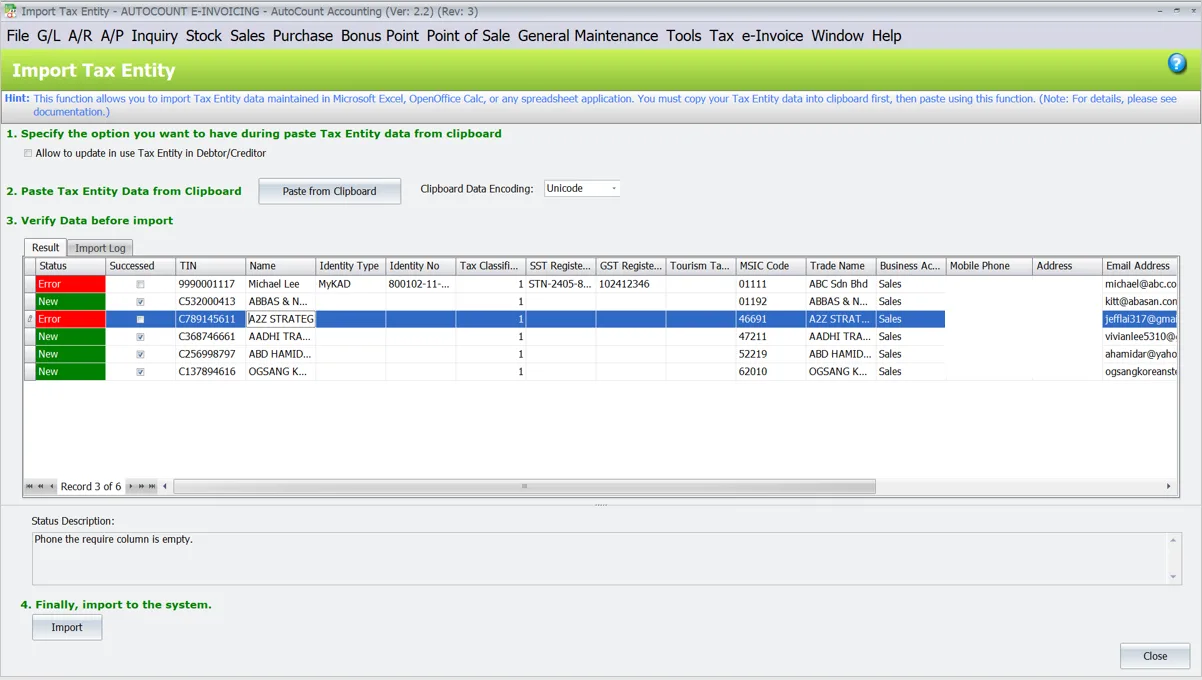 AutoCount E-invoice Guide: Import tax entity