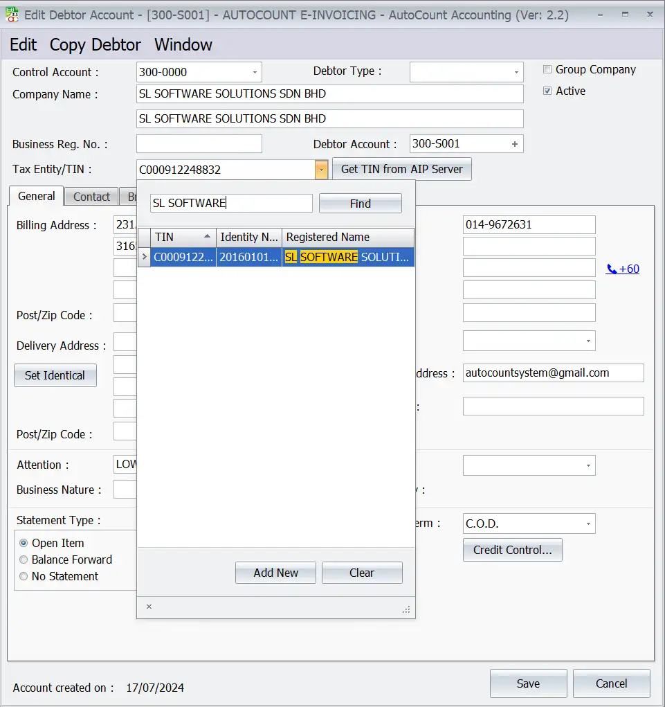 AutoCount E-invoice Guide: Tax entity maintainance 2