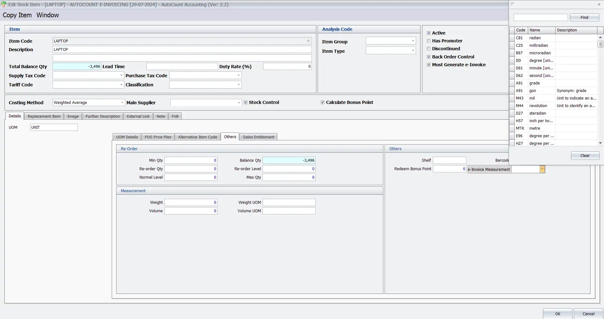 AutoCount E-invoice Guide: Update unit measurement code 4