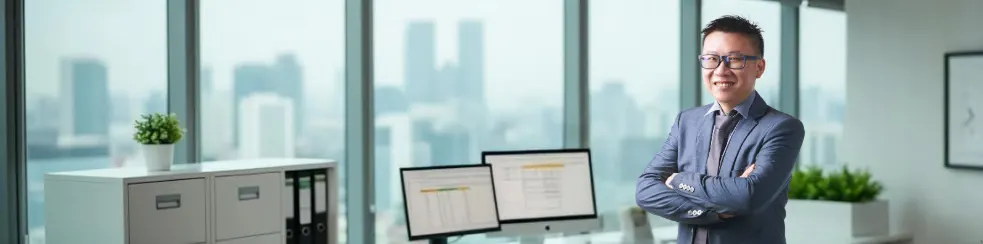 Director of SL Software Solutions standing confidently in a modern office, with a cityscape view, showcasing professionalism. Caption