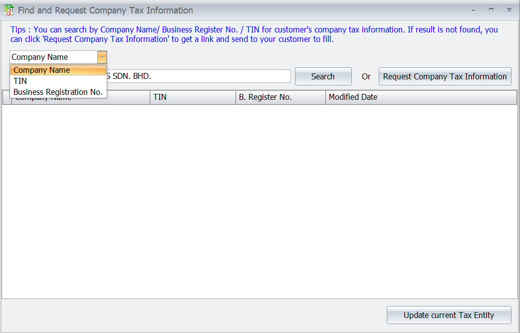Support Searching by Company Name, TIN, and Business Registration No.