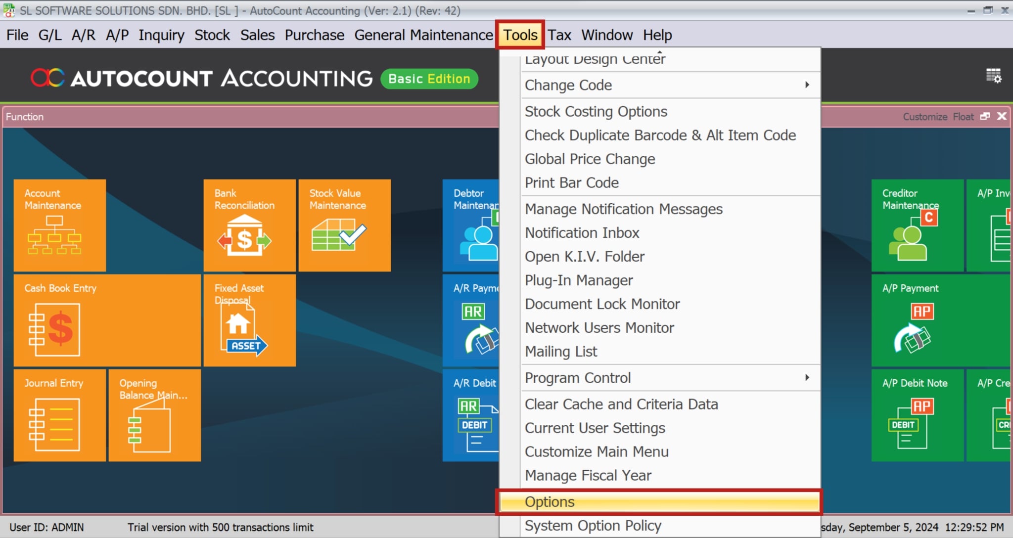 AutoCount Multi-Pricing | Navigate to Tools Menu & Select Options