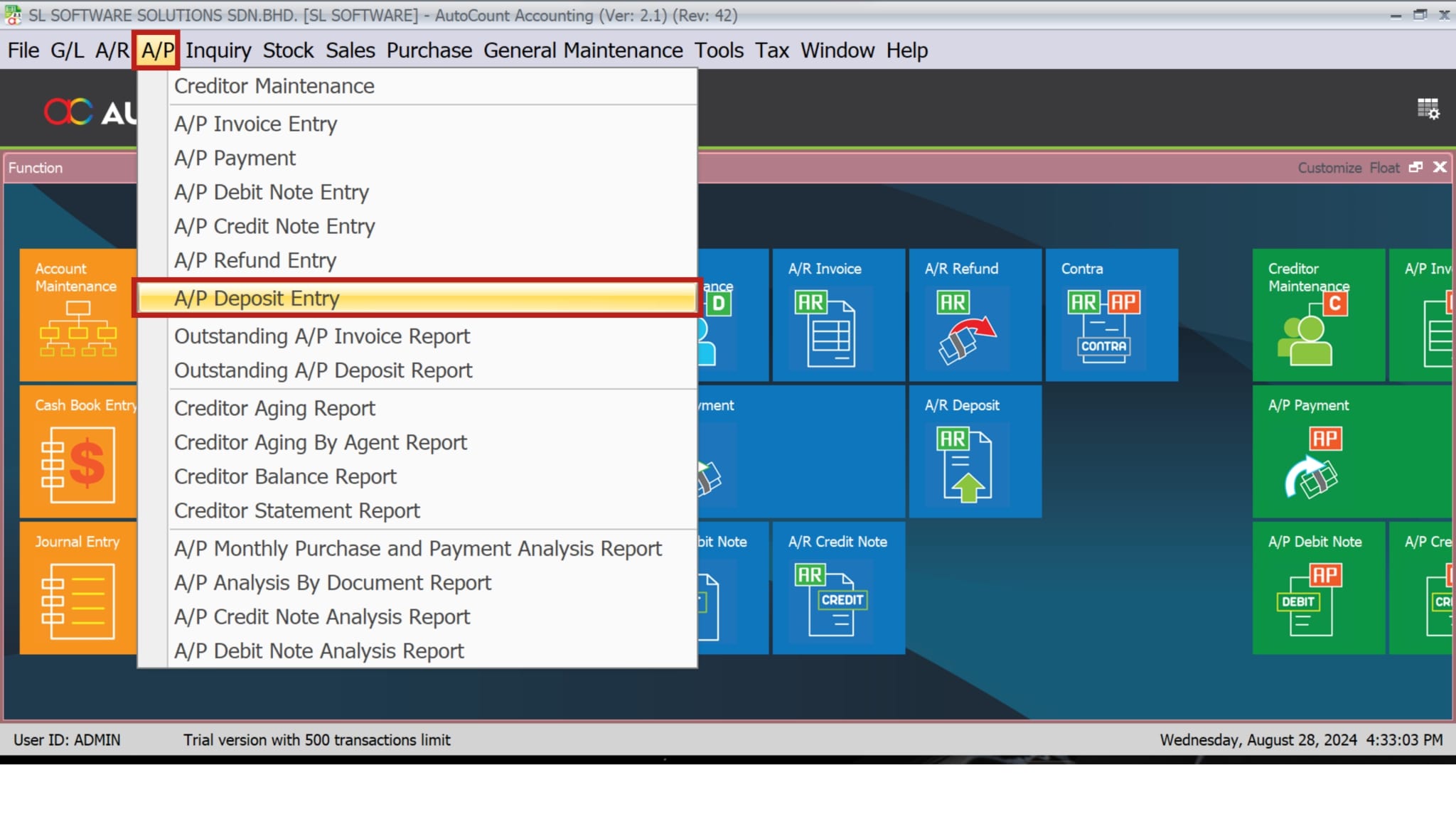 AutoCount Deposit | AP deposit entry