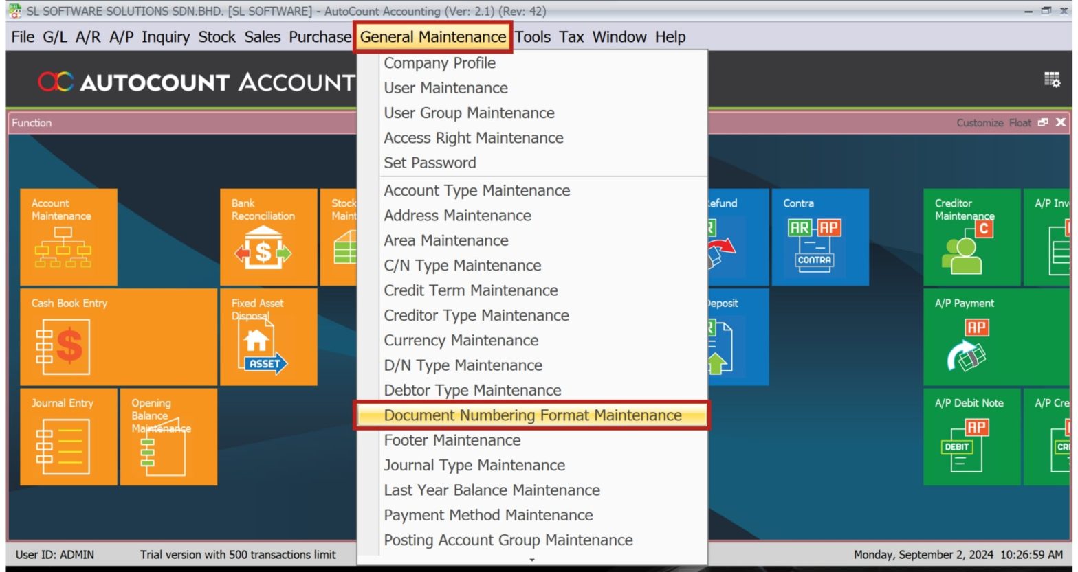 AutoCount Document Numbering Format | AutoCount Accounting