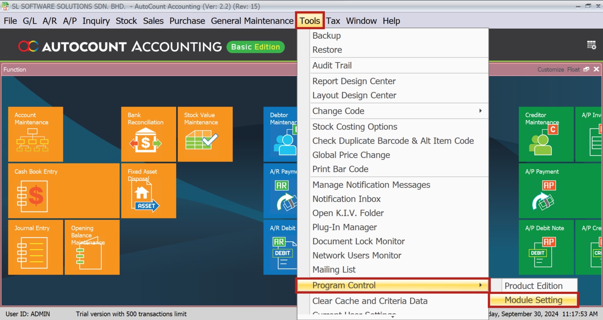 AutoCount Reccurence GL | open module setting