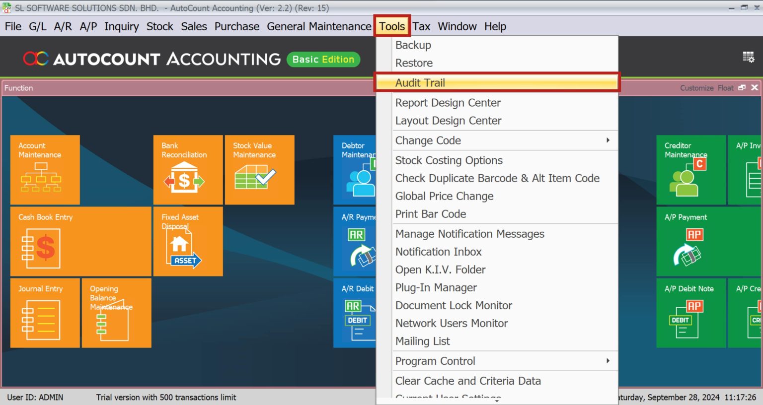 AutoCount Audit Trail | open audit trail
