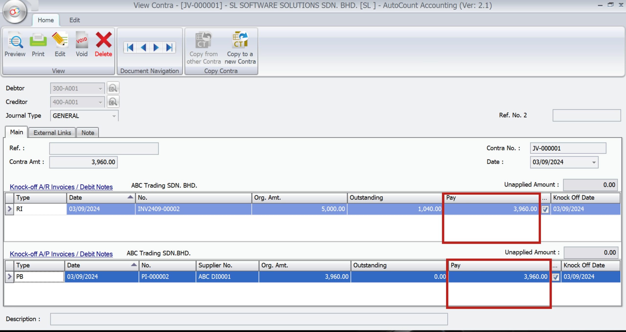 AutoCount Contra Account | Pay Columns