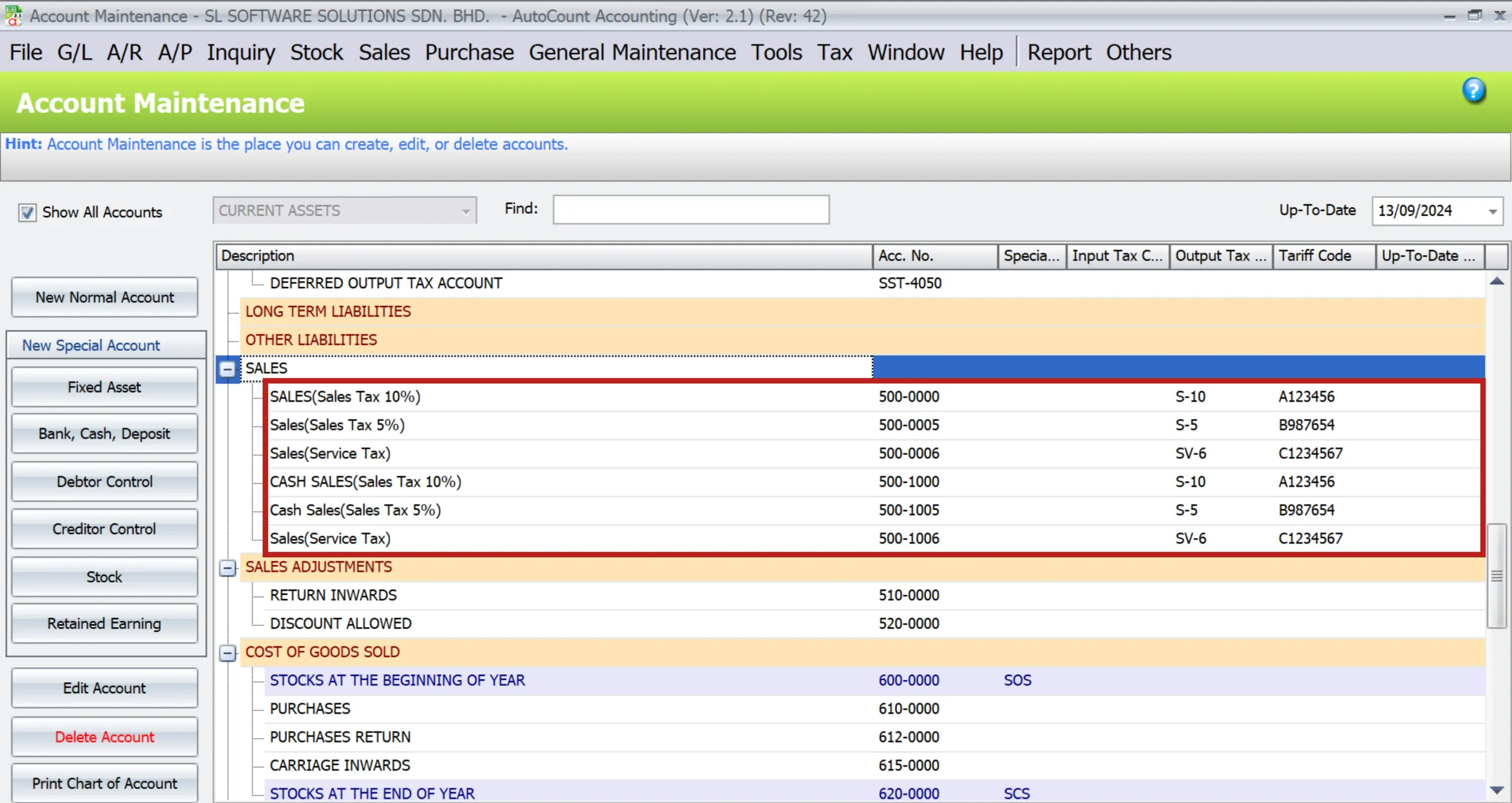 AutoCount Sales And Service Tax | Chart of Accounts