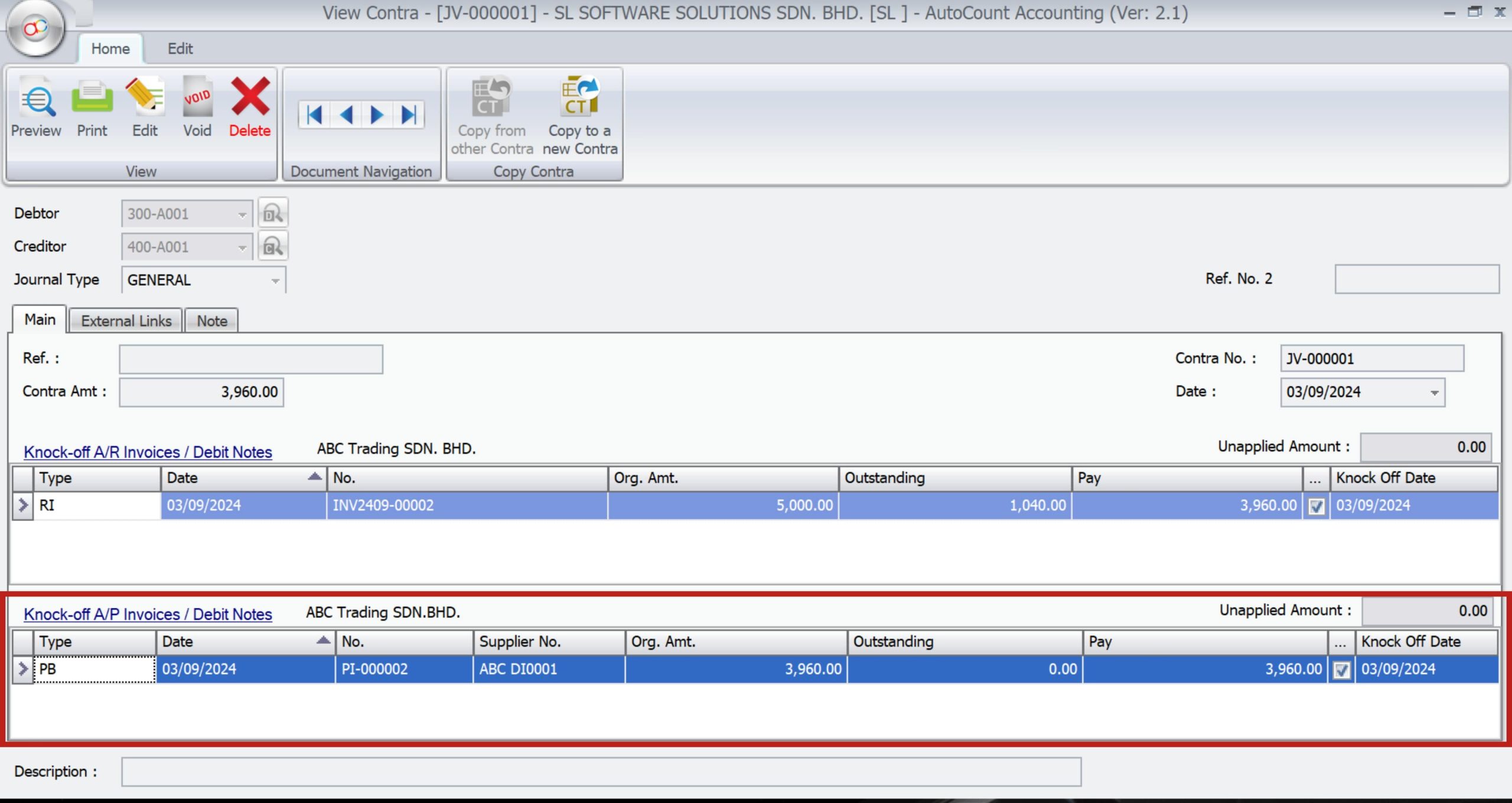 AutoCount Contra Account | Knock off AP Invoices
