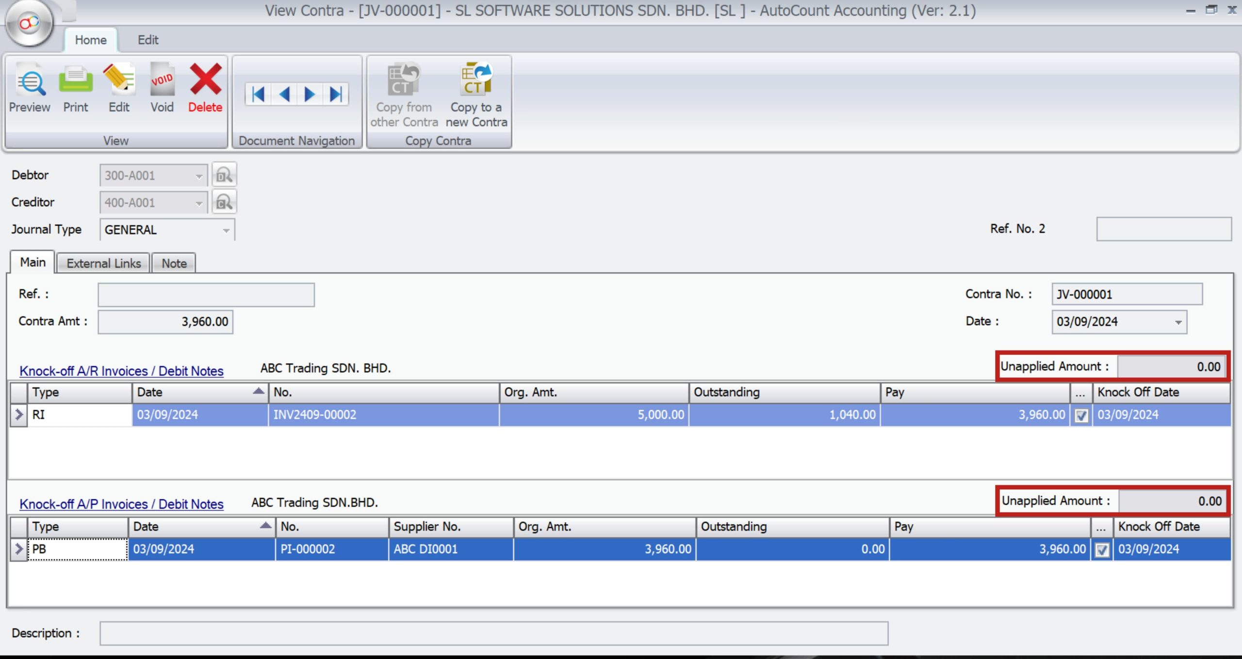 AutoCount Contra Account | Unapplied Amounts