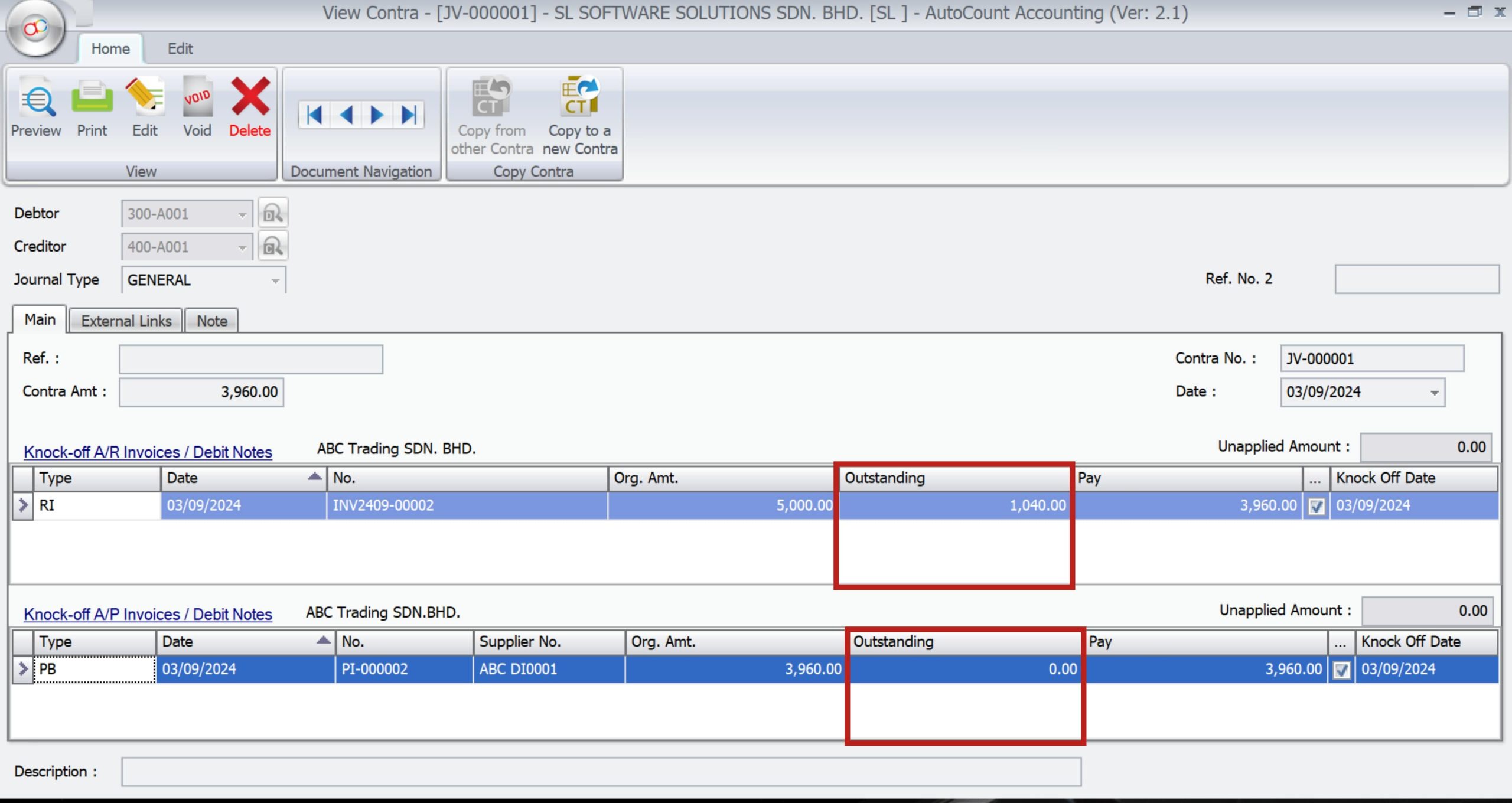 AutoCount Contra Account | Outstanding Balances