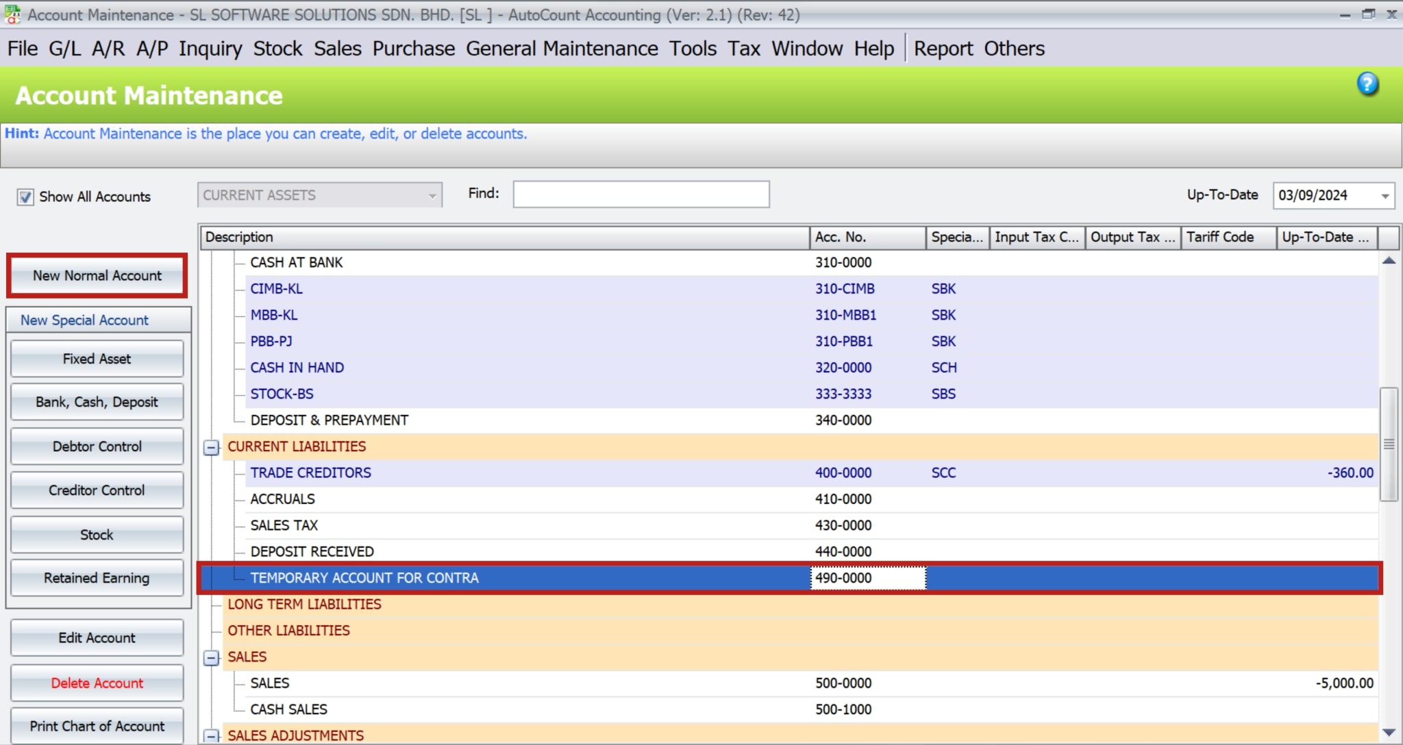 AutoCount Contra Account | Account Maintenance