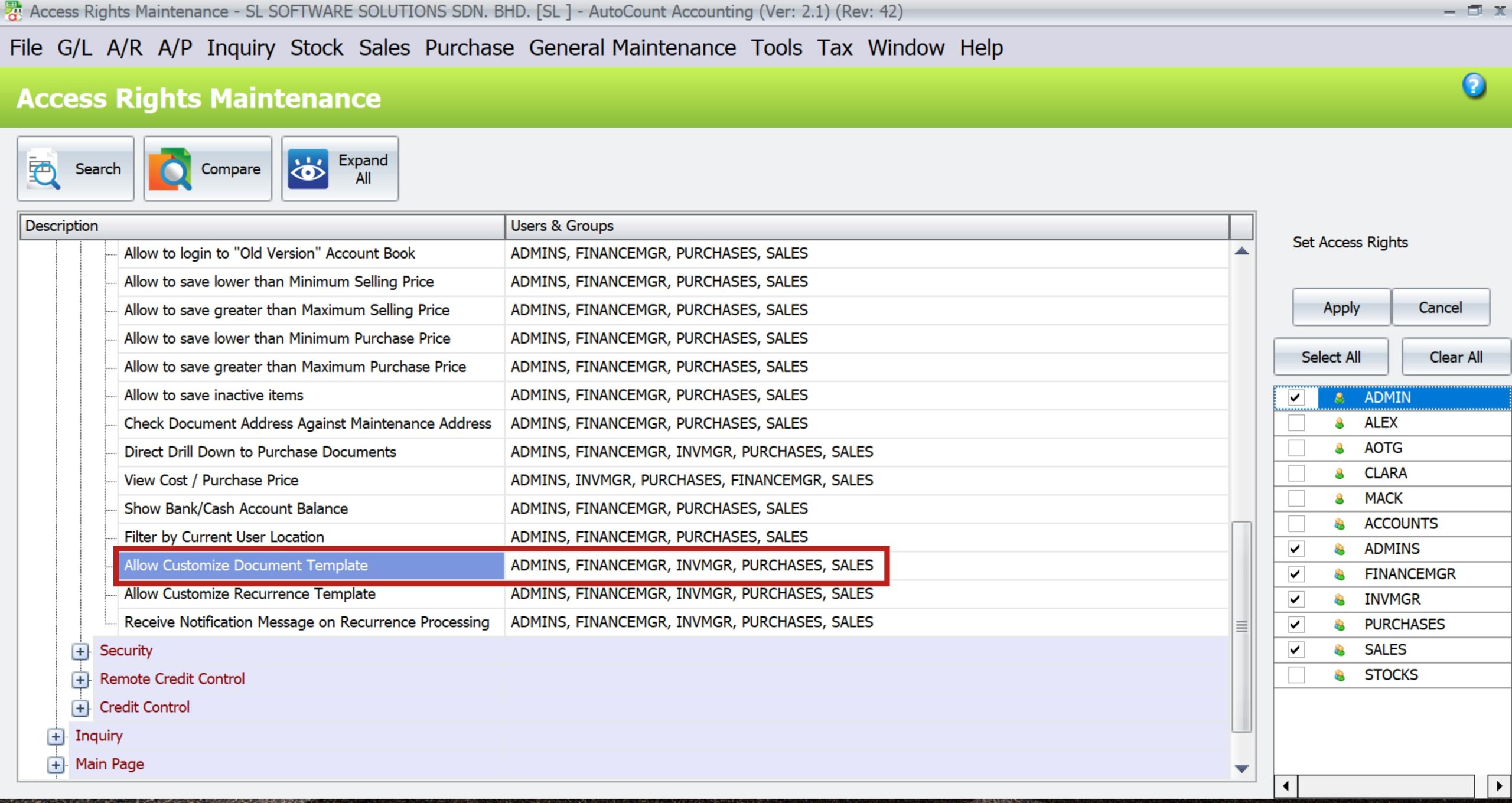 AutoCount Document Template | configuring access right