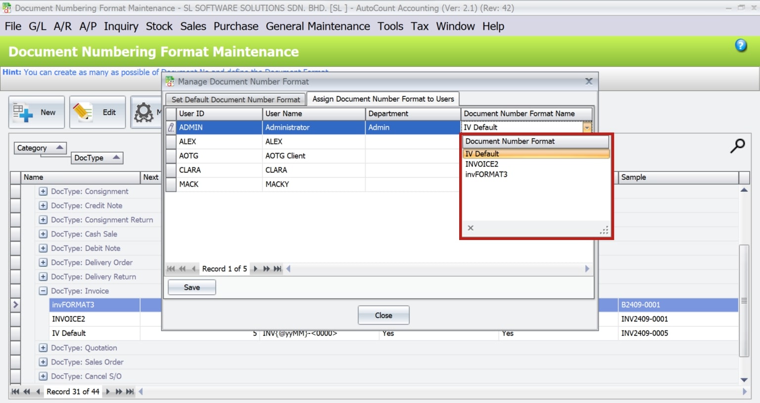 AutoCount Document Numbering | select default format for users