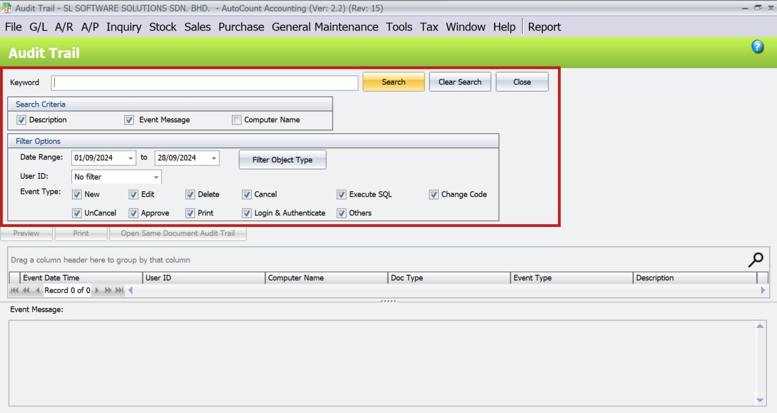 AutoCount Audit Trail | use filter to narrow down search