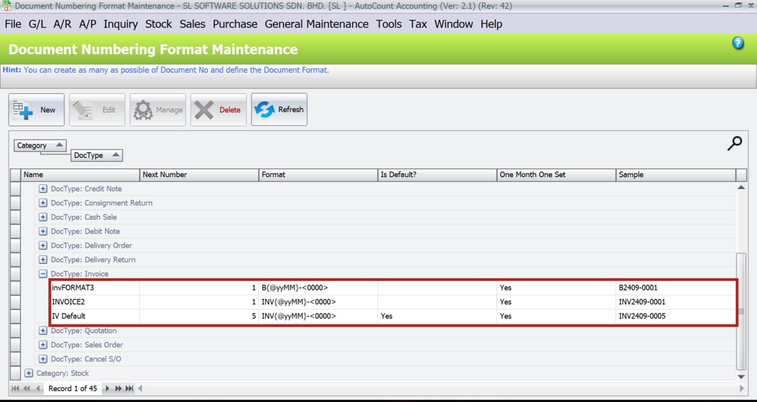 AutoCount Document Numbering | multiple formats