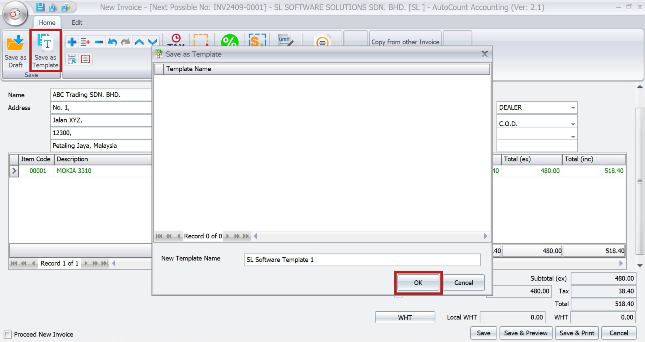 AutoCount Document Template | save template