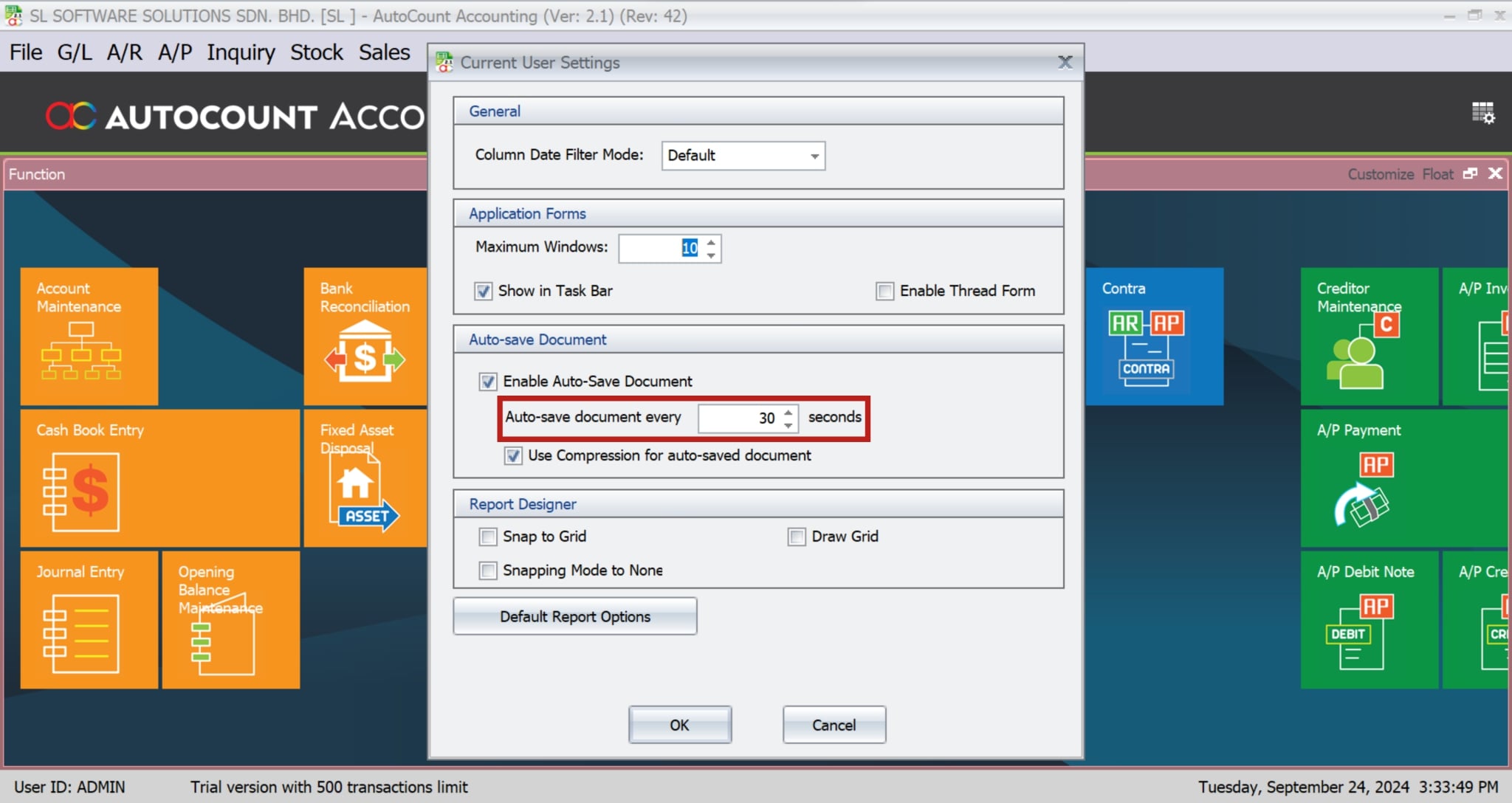 AutoCount Auto Save Draft-Configuring Auto Save