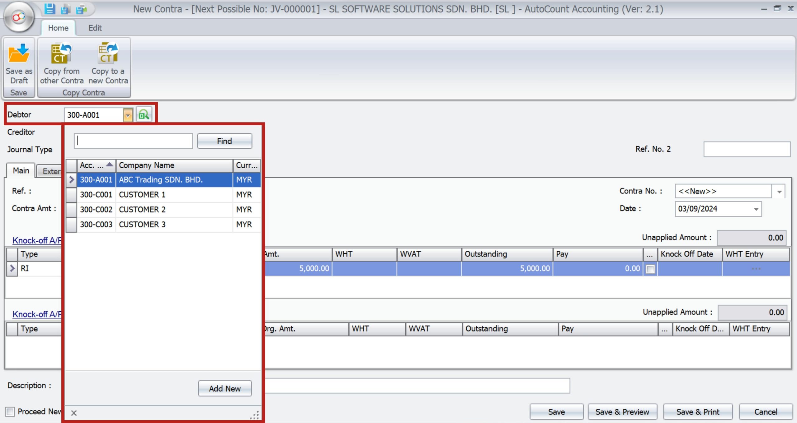 AutoCount Contra Account | debtor