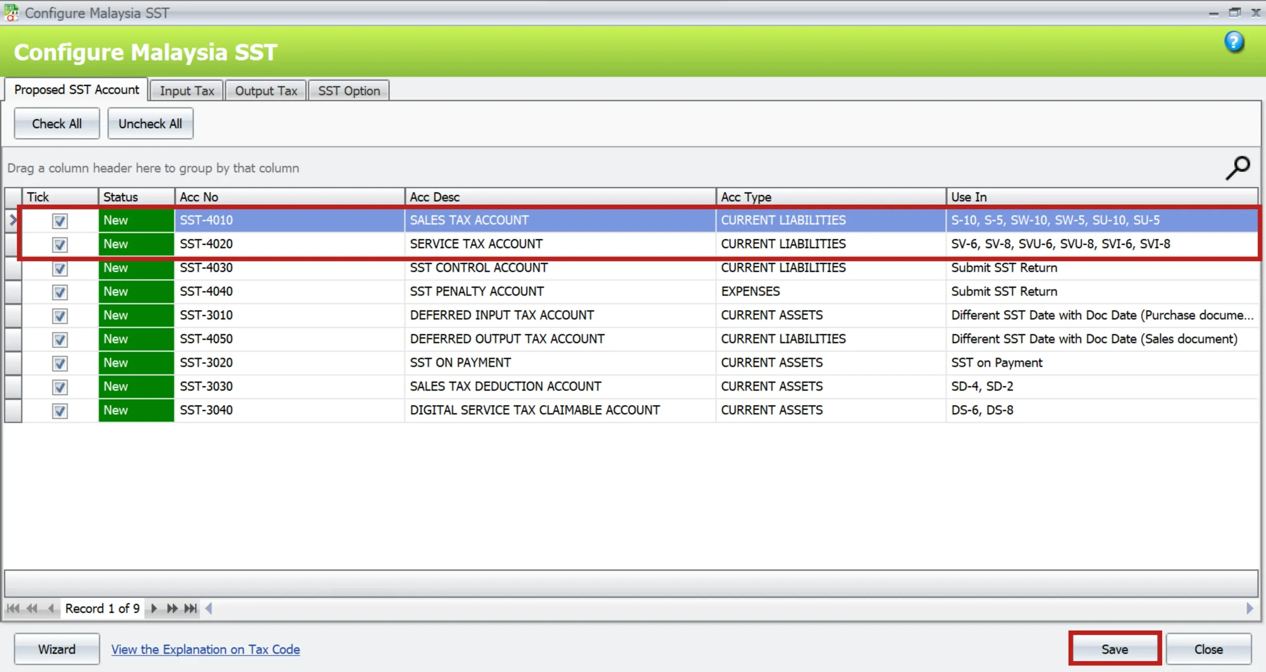 AutoCount Sales And Service Tax | options to tick and untick